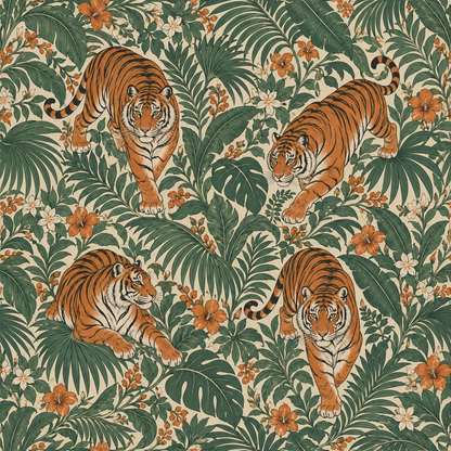Partial wallpaper roll showing continuous pattern of tigers and tropical flora.