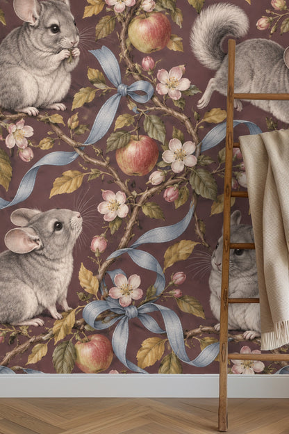 Detailed wallpaper artwork featuring chinchillas among apple blossoms and blue ribbons on a mauve background.