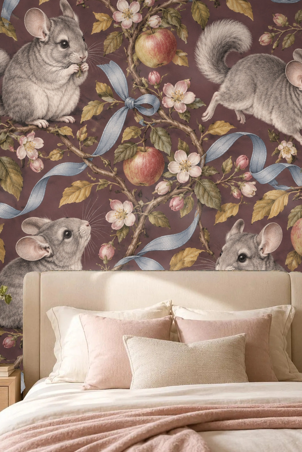 Curved tails of chinchillas detailed in soft gray fur among floral wallpaper.