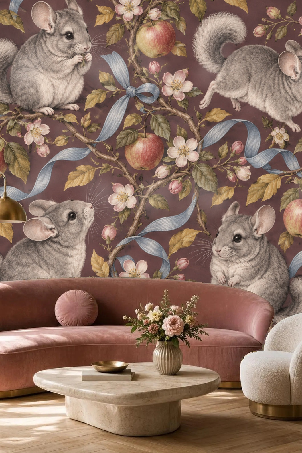 Room scene with wallpaper showing chinchillas and apple branches behind a wooden ladder with a beige blanket.
