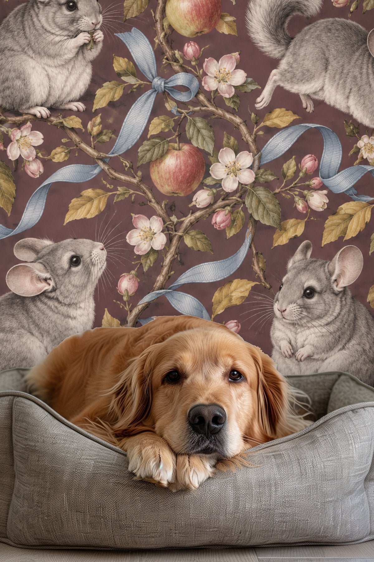Living room with mauve chinchilla wallpaper behind a curved pink sofa and natural wood coffee table.