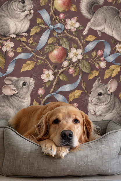 Living room with mauve chinchilla wallpaper behind a curved pink sofa and natural wood coffee table.