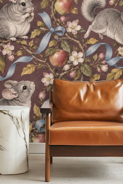 Pattern repeat showing chinchillas, apples, blossom buds and flowing ribbons combined.