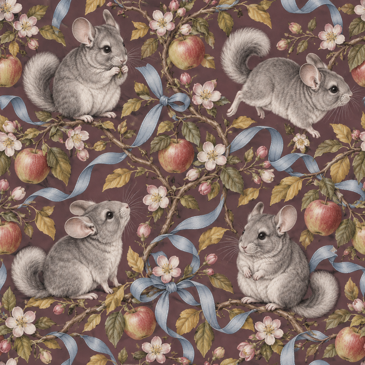 Wall installation perspective emphasizing large scale motif of apples, ribbons and chinchillas.