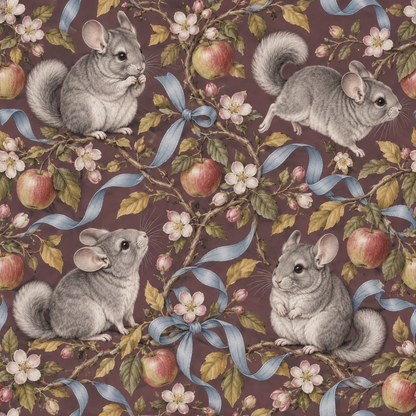 Wall installation perspective emphasizing large scale motif of apples, ribbons and chinchillas.