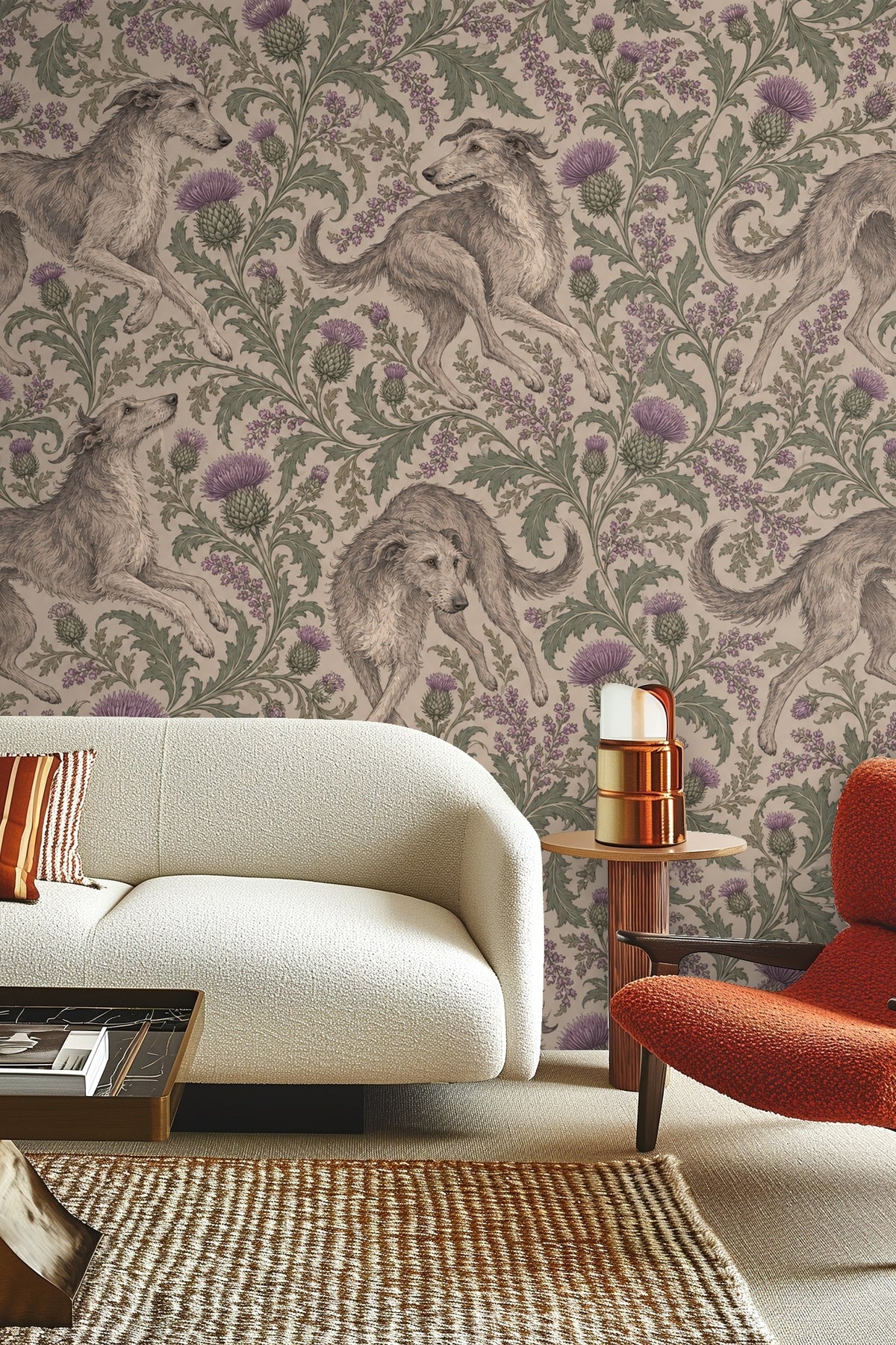 Close-up of candles and delicate flowers set before wallpaper of dancing greyhounds and thistle leaves