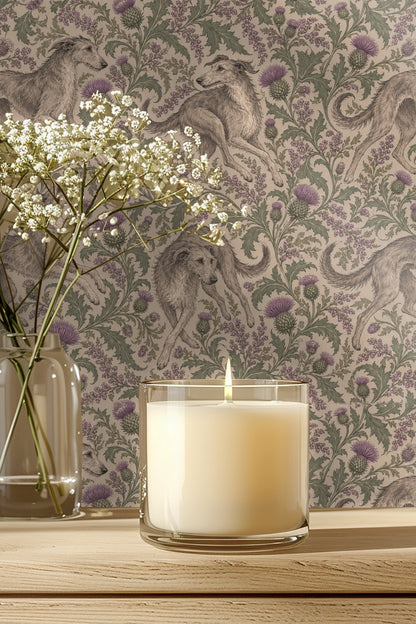 Entryway with arched niche featuring Baroque Whippets & Thistles wallpaper behind a round mirror and wooden bench with neutral textiles