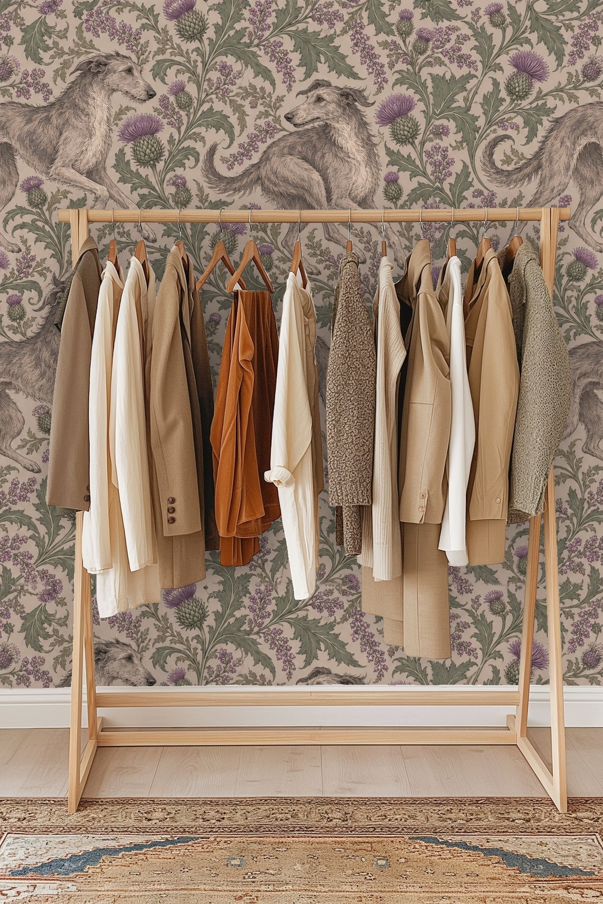 Full repeat of the Baroque Whippets & Thistles wallpaper pattern showing four whippets and intertwined thistle foliage