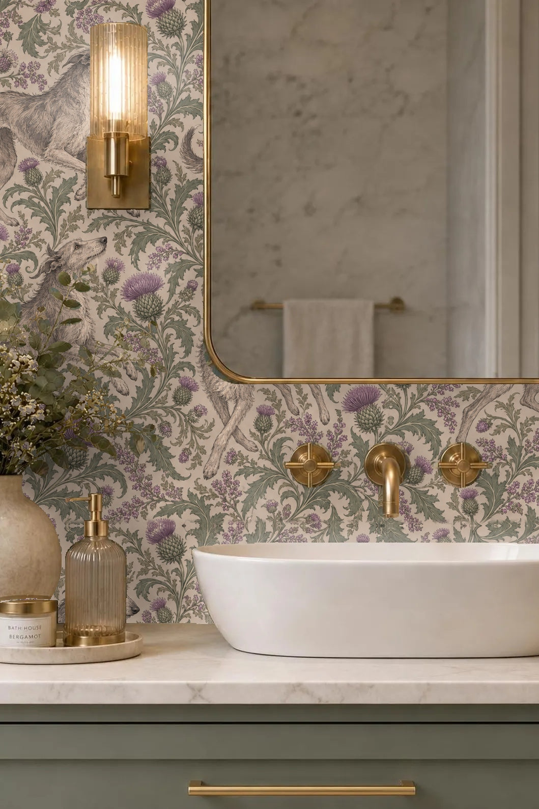 Wood grain detail of cabinet door framed by wallpaper with dogs and botanical motifs