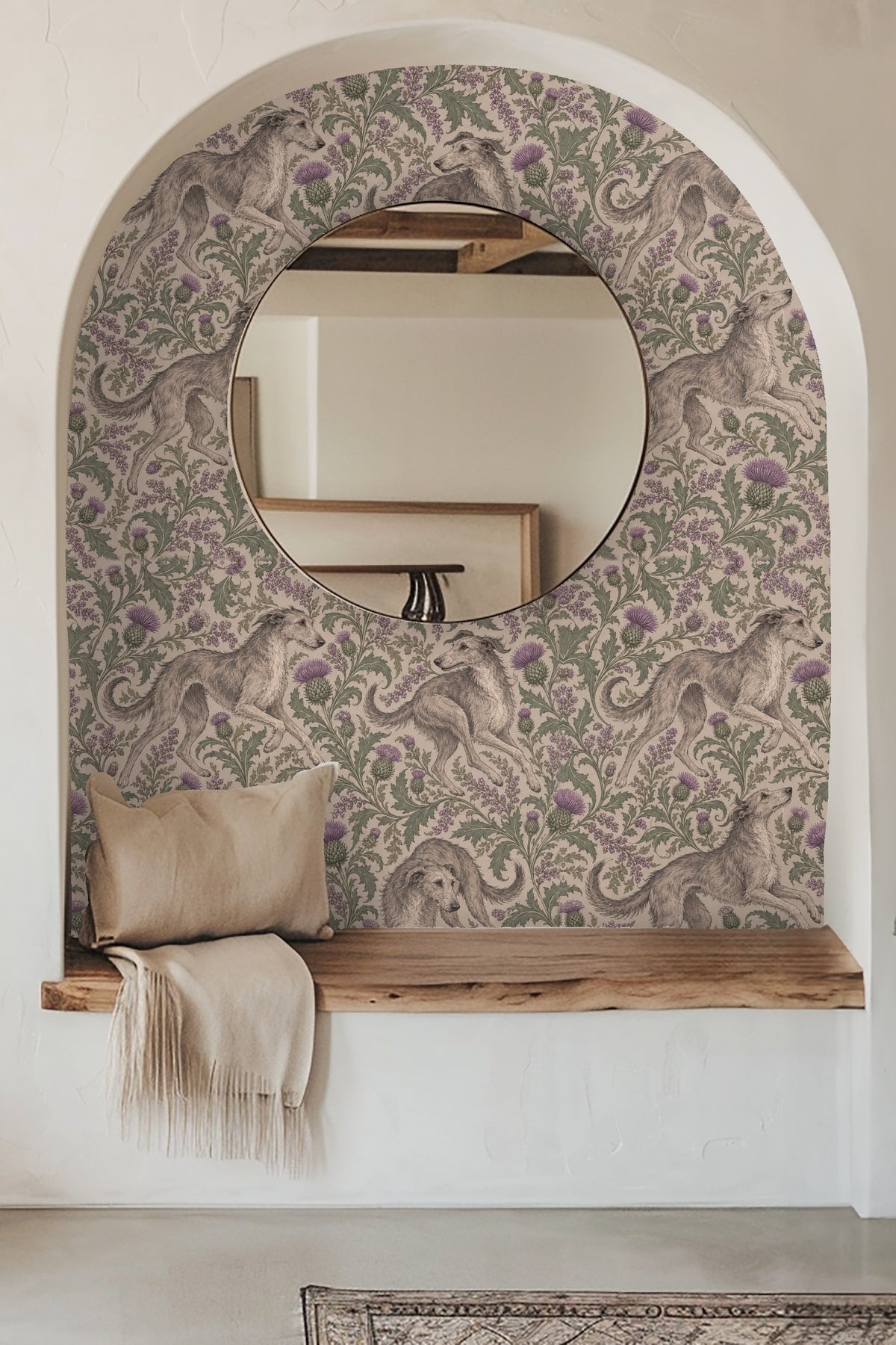 Detailed view of wallpaper showing hand-drawn whippets with thistles in muted purples and greens on beige background