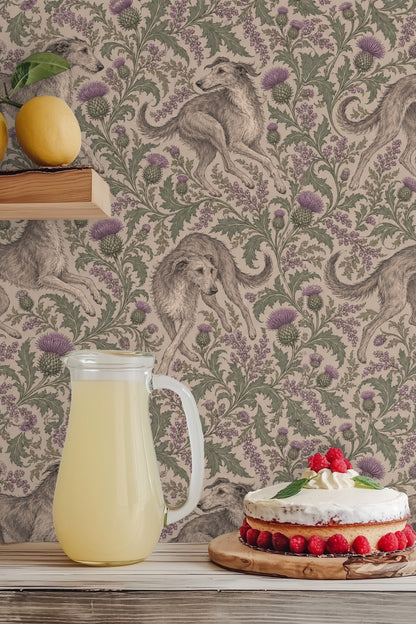 Floral elements including thistle blossom close-up with detailed linework and soft green leaves