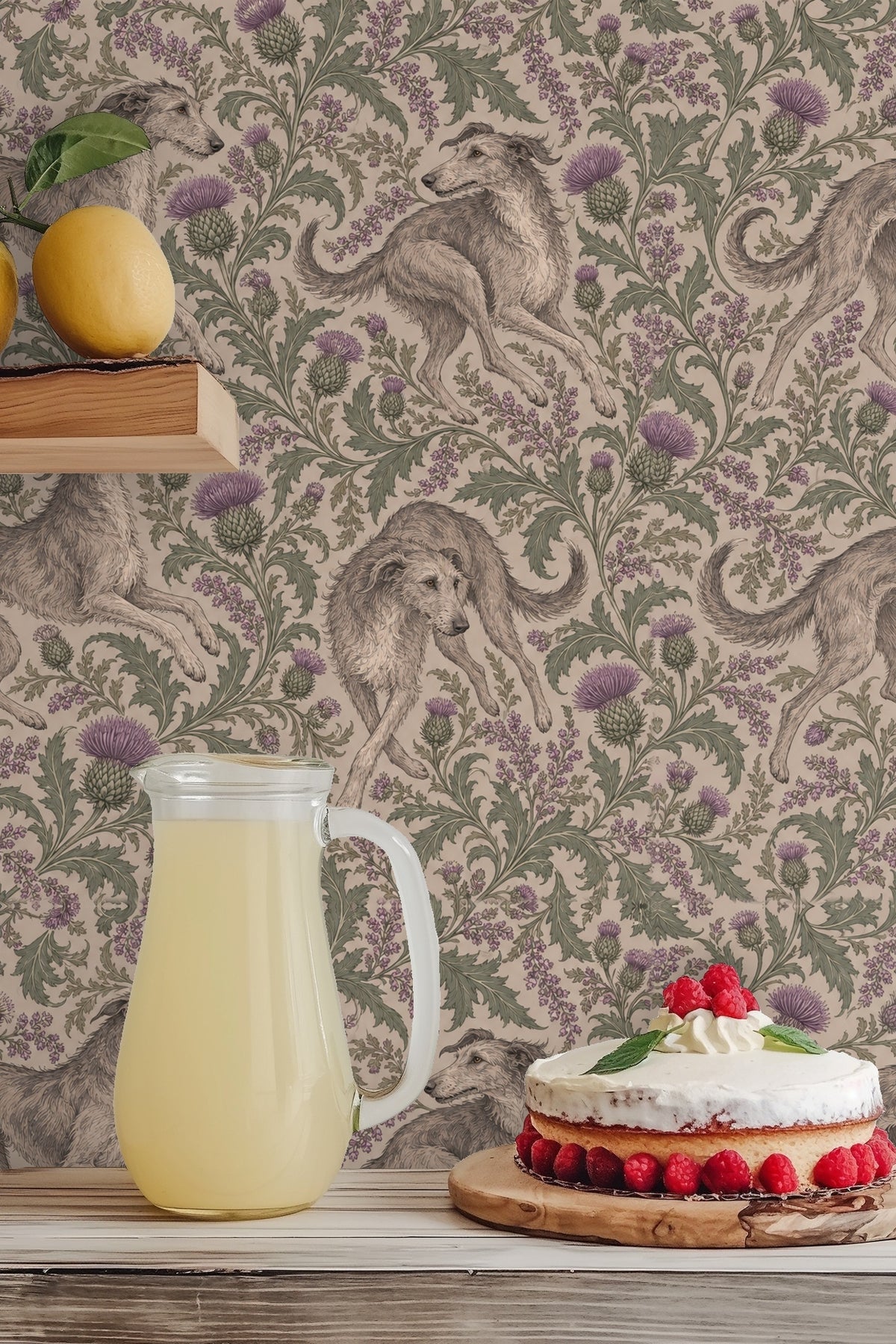 Arrangement of glass and ceramic bottles inside wooden cabinet with wallpaper background