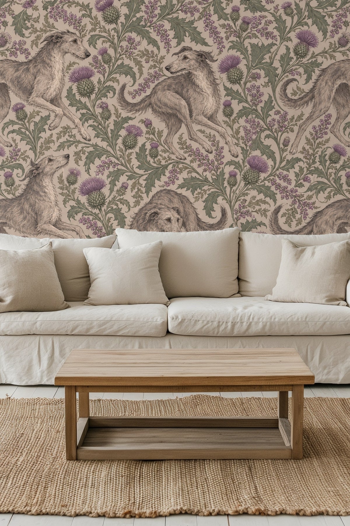 Wallpaper pattern with detailed greyhounds and thistle botanical scroll in muted purple and green tones