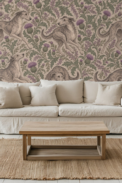 Wallpaper pattern with detailed greyhounds and thistle botanical scroll in muted purple and green tones
