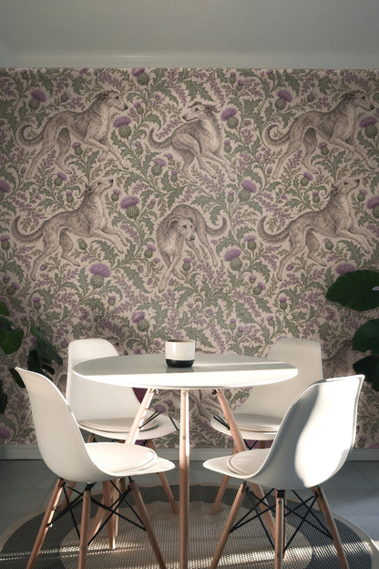 Side angle of wallpaper displaying depth and scale of pattern with delicate dog and plant motifs