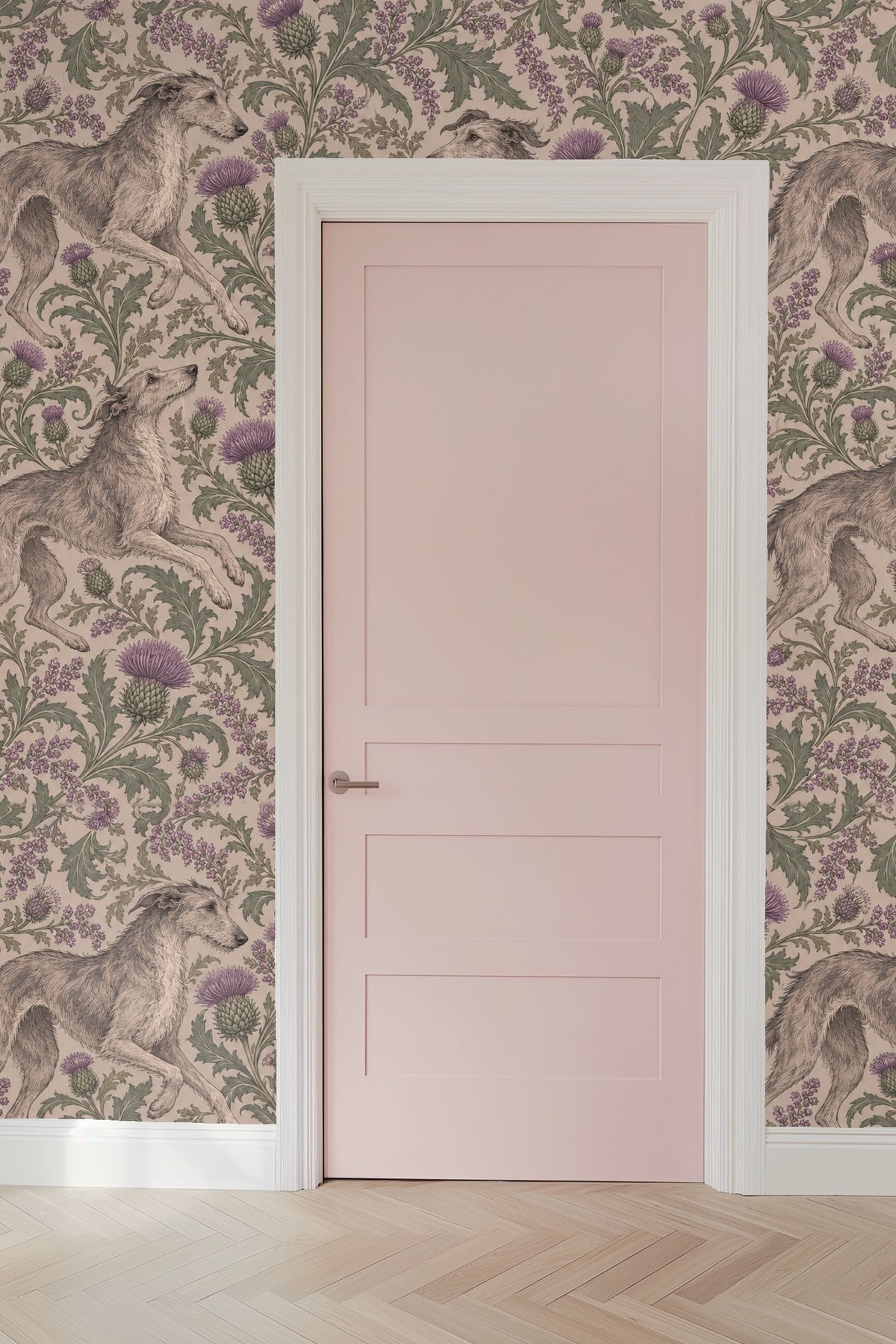 Side profile of greyhound outlined finely in wallpaper botanical pattern