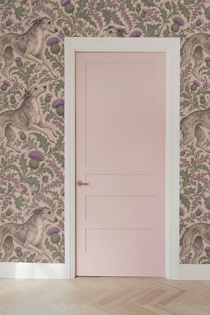 Side profile of greyhound outlined finely in wallpaper botanical pattern