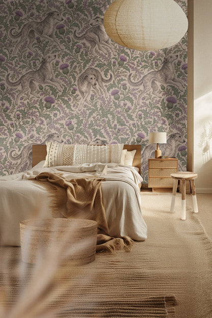 Open wooden bathroom cabinet against wallpaper featuring greyhounds and thistles in soft lavender and green