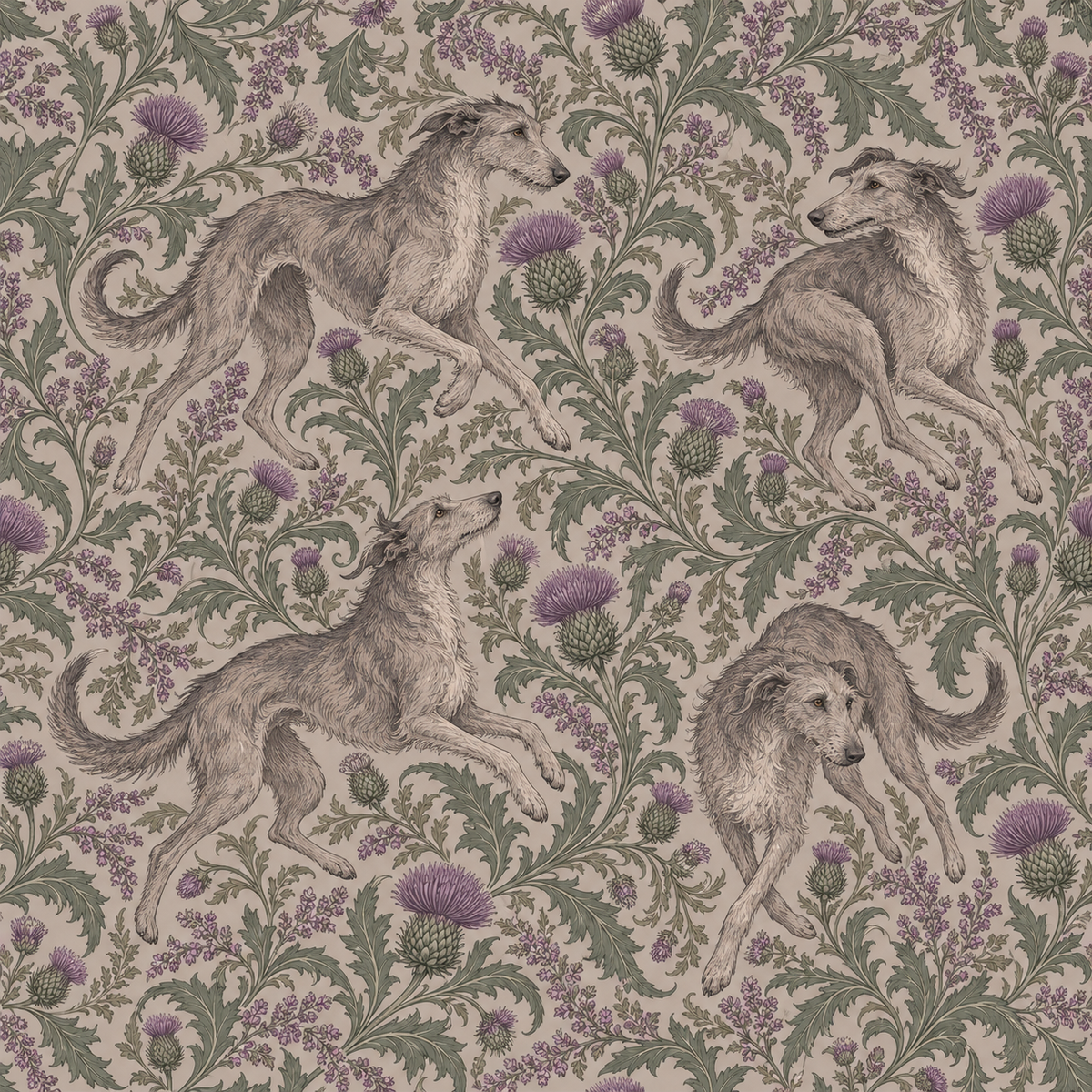 Full repeat pattern view showing integrated greyhounds and botanical thistles