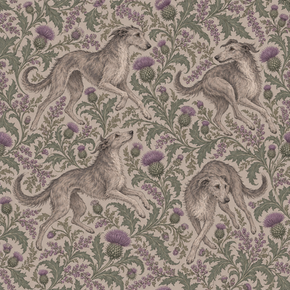 Full repeat pattern view showing integrated greyhounds and botanical thistles
