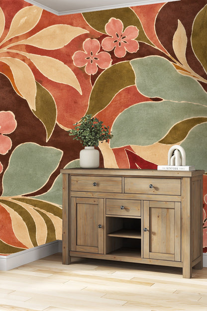 Wallpaper section presenting layered colors and fluid botanical motifs producing a harmonious visual rhythm.