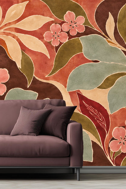 Fragment of wallpaper texture showing delicate brush stroke effect in leaf and flower motifs.