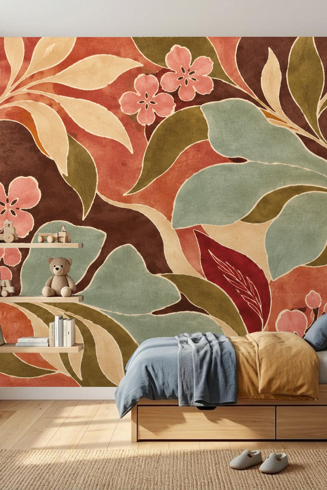Segment of wallpaper emphasizing the flowing curves of olive, beige, and rust-red leaves overlapping gently.