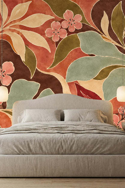 Wide shot of wallpaper applied in a living area, highlighting pattern scale and color harmony with furniture.