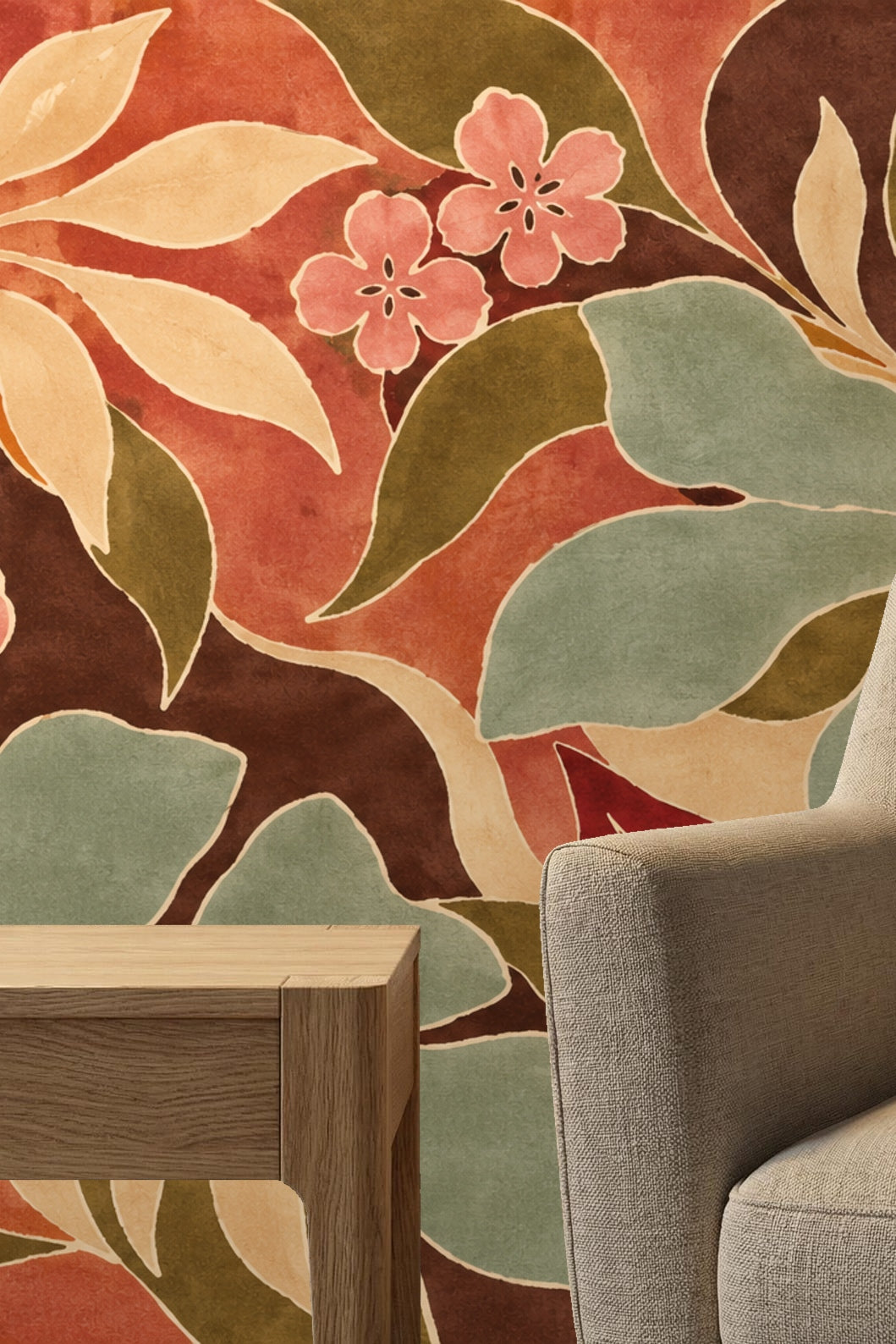 Bedroom wall with close-up of stylized floral wallpaper, showing soft pink flowers and varied leaves in green and beige tones behind bed.