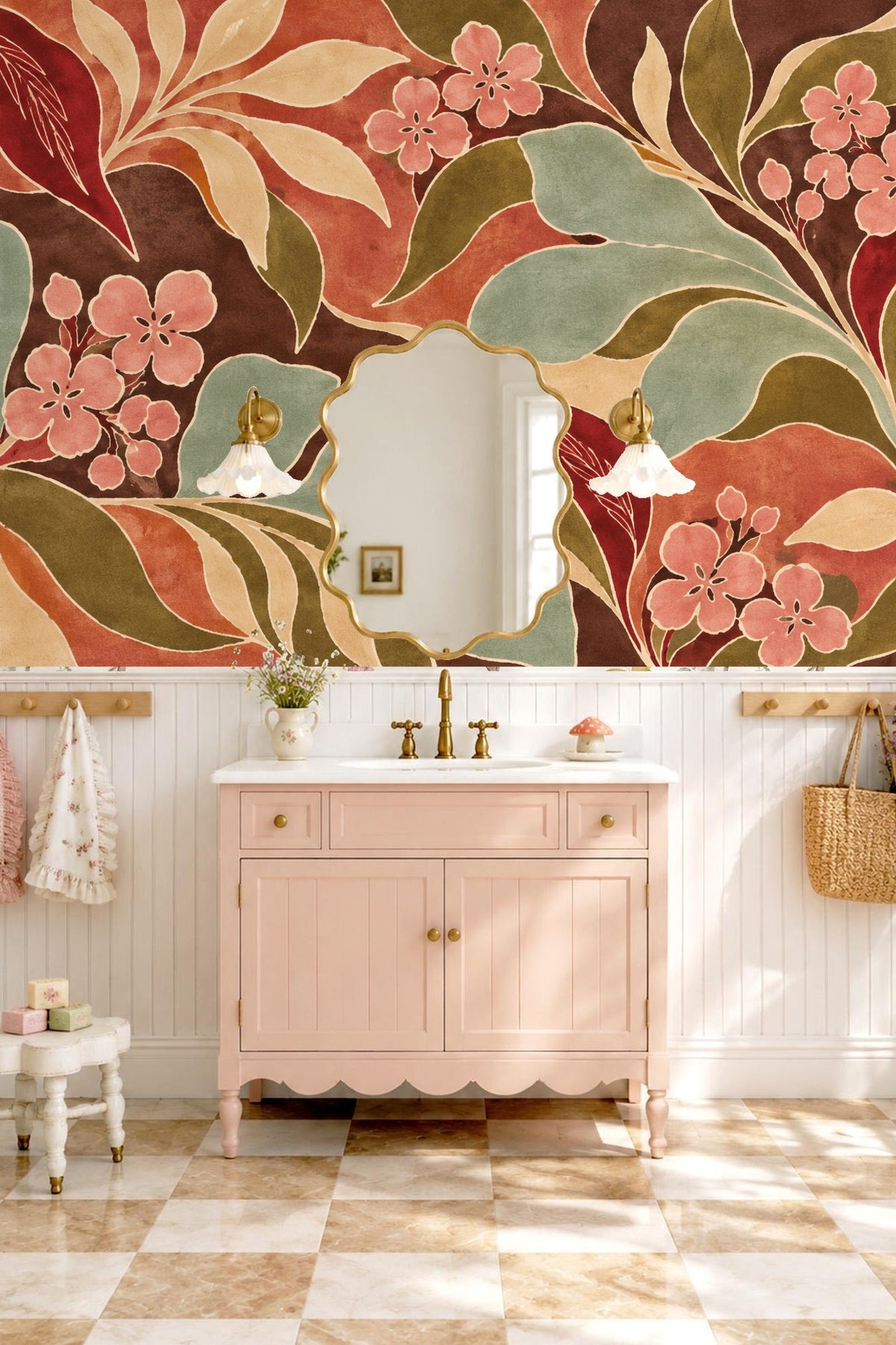 Image focusing on botanical shapes in wallpaper accentuating gentle color transitions among leaves and flowers.