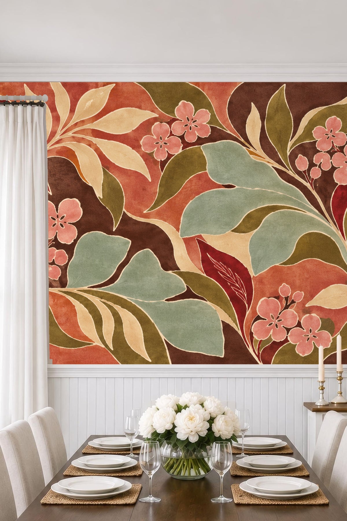 Pattern repeat area showing the organic shapes of leaves and flowers against a warm, earthy background color mix.