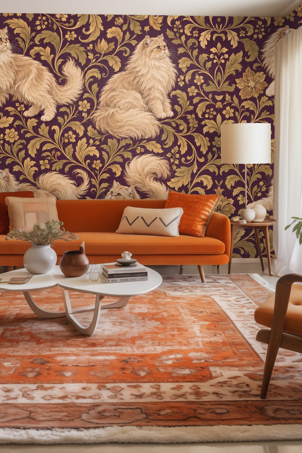 Detailed view of wallpaper showing golden Persian cats with long fluffy fur on a deep plum background with gold scrolling foliage.