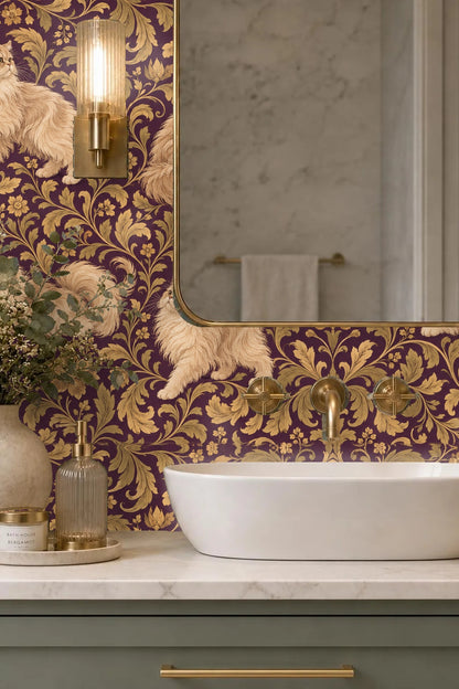 Close-up of a playful Persian cat with flowing fur amidst stylized golden floral leaves on plum wallpaper.
