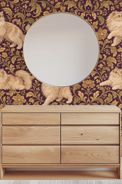 Portrait of a Persian cat in creamy gold hues, detailed with fur texture and attentive eyes, layered over swirling gold leaves.