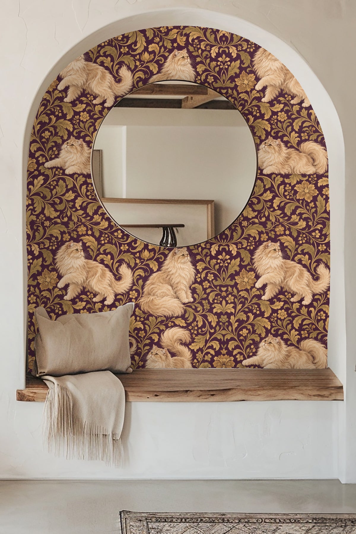 Living room featuring a statement wall with wallpaper of cream Persian cats and golden baroque scrolls over a rich plum backdrop.