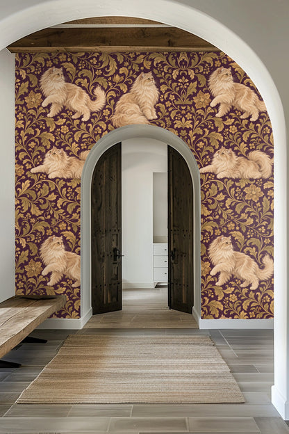 Wallpaper detail focusing on the texture of leaves curling around the Persian cats in a harmonious golden palette.
