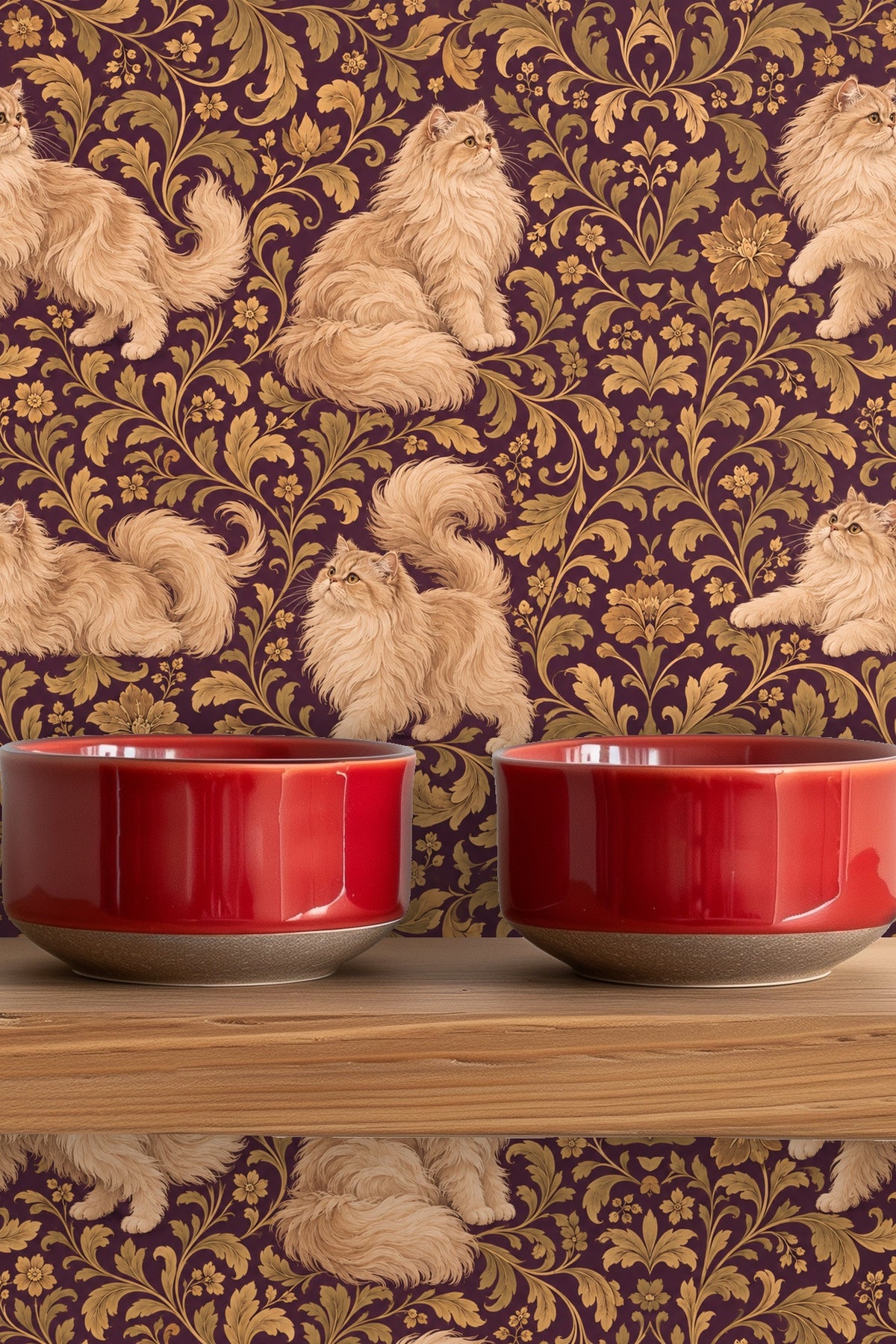 Elegant pattern repeat showing multiple Persian cats in poised and playful poses woven into a golden baroque scroll on plum.
