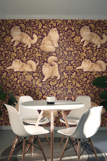 Section of wallpaper emphasizing a floral cluster integrated with Persian cats along a flowing vine in antique gold tones.
