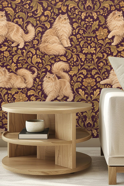 Side view of ornate wallpaper with symmetrical floral and scroll motifs framing soft cream Persian cats.