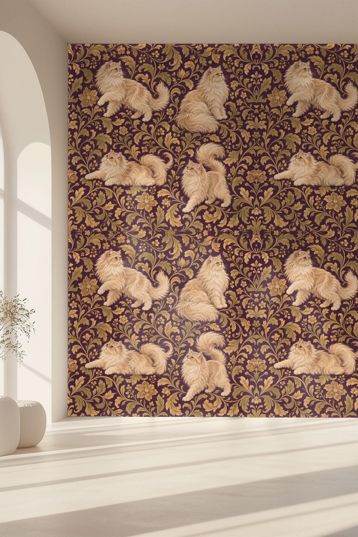 Artistic wallpaper wall behind mid-century modern sofa, displaying plush Persian cats against deep rich plum and gold leaves.