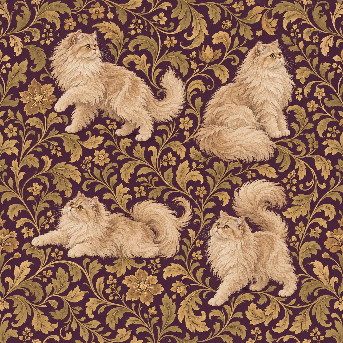 Fragment of wallpaper pattern showing a seated golden Persian cat surrounded by small blossoms and large scroll leaves on plum. 