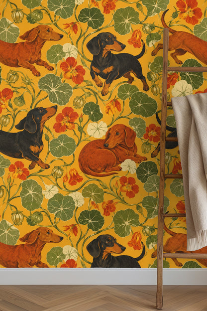 Edge detail of wallpaper showing continuous vine pattern wrapping around dogs.