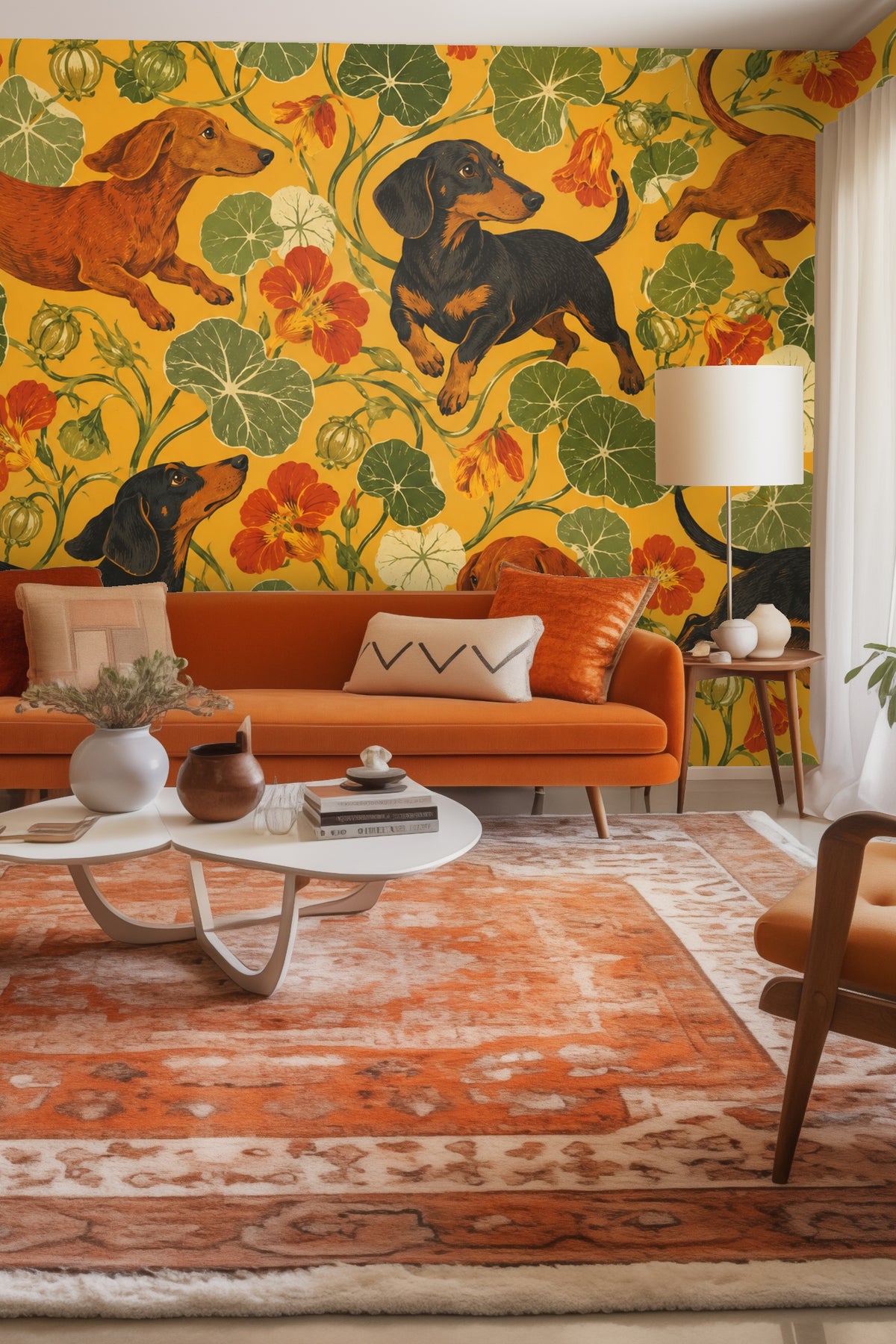 Living room with wallpaper featuring dachshunds and nasturtium vines behind an orange couch and contemporary furnishings.