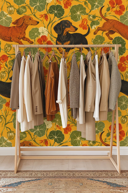 Bright orange nasturtium flowers with intricate veining mixed with round green leaves on wallpaper.