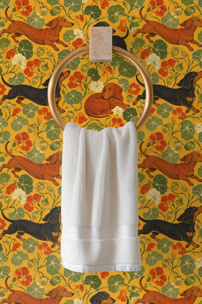 Rounded nasturtium leaves showing delicate white veining in wallpaper art.
