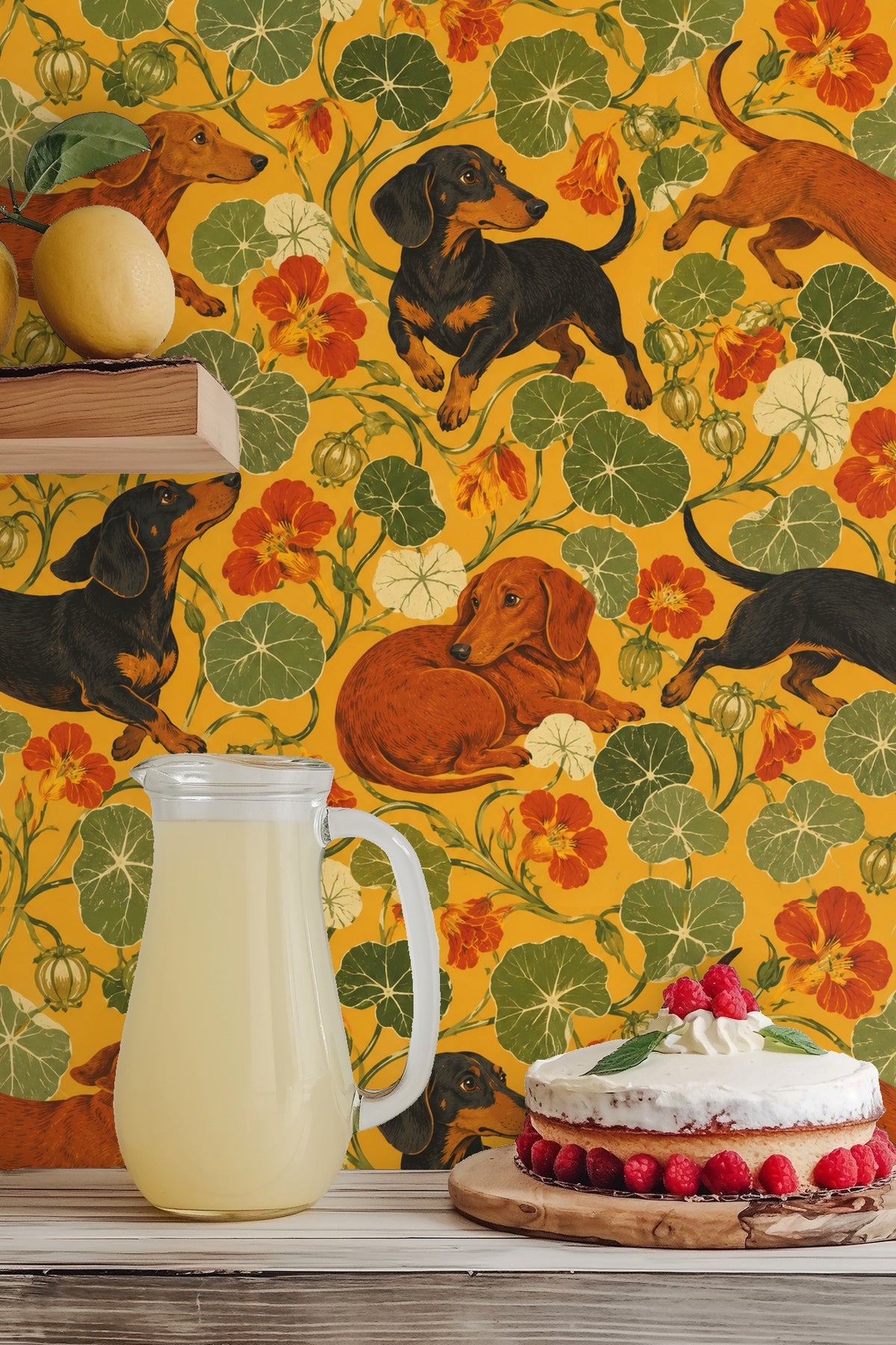 Multiple dachshunds captured in various playful poses throughout the wallpaper.