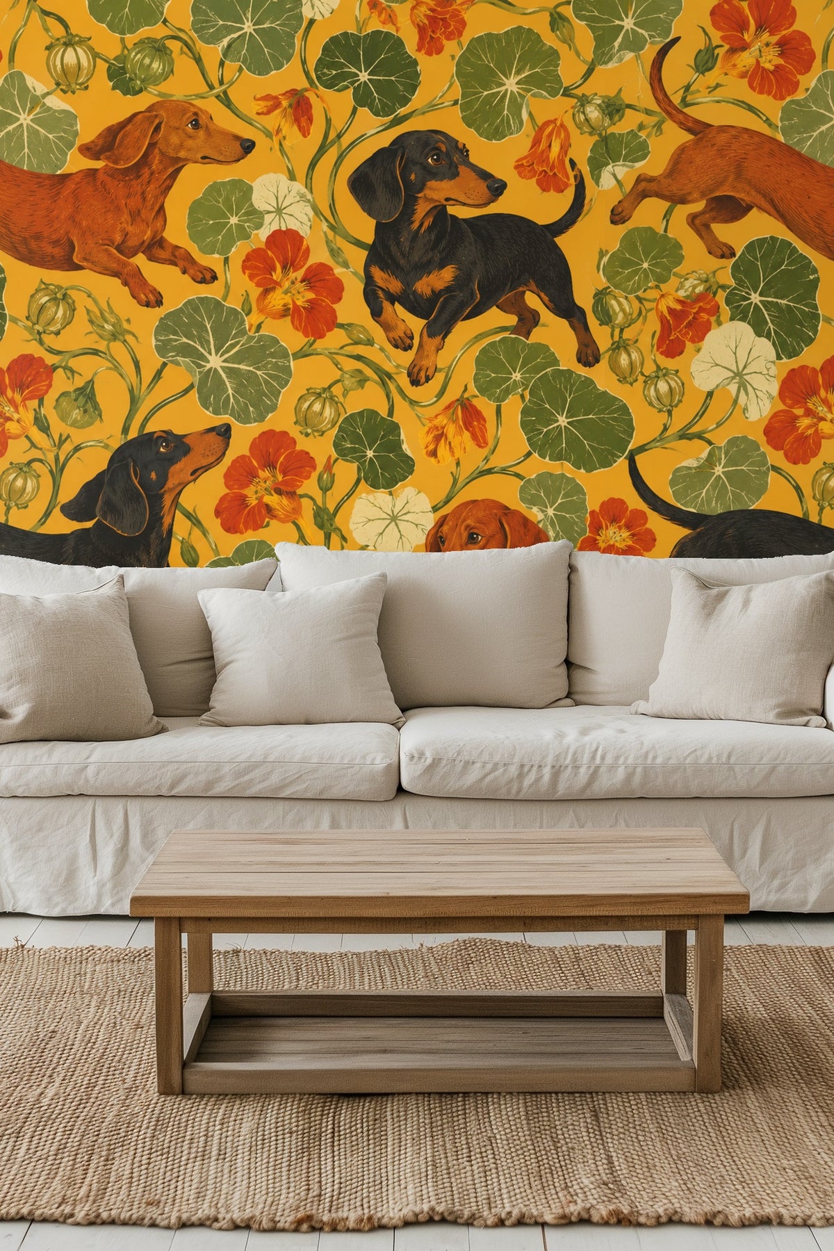 Living room styled with the wallpaper showing dachshund and nasturtium motif behind a beige sofa and natural wood coffee table.