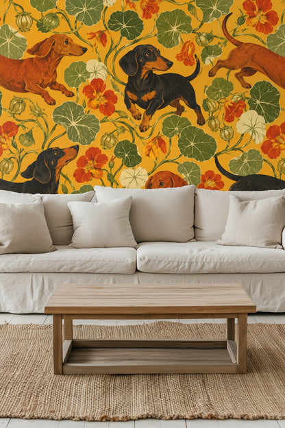 Living room styled with the wallpaper showing dachshund and nasturtium motif behind a beige sofa and natural wood coffee table.