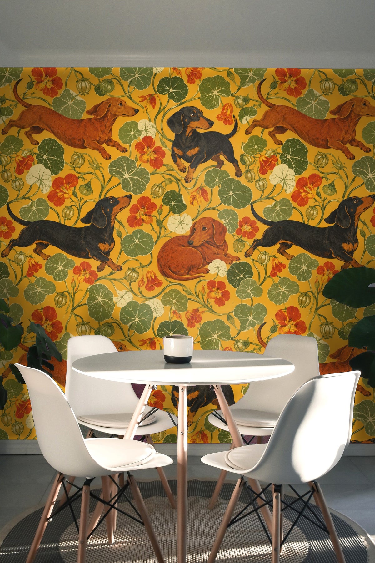 Vibrant orange nasturtium petals with yellow stamen highlights on wallpaper.