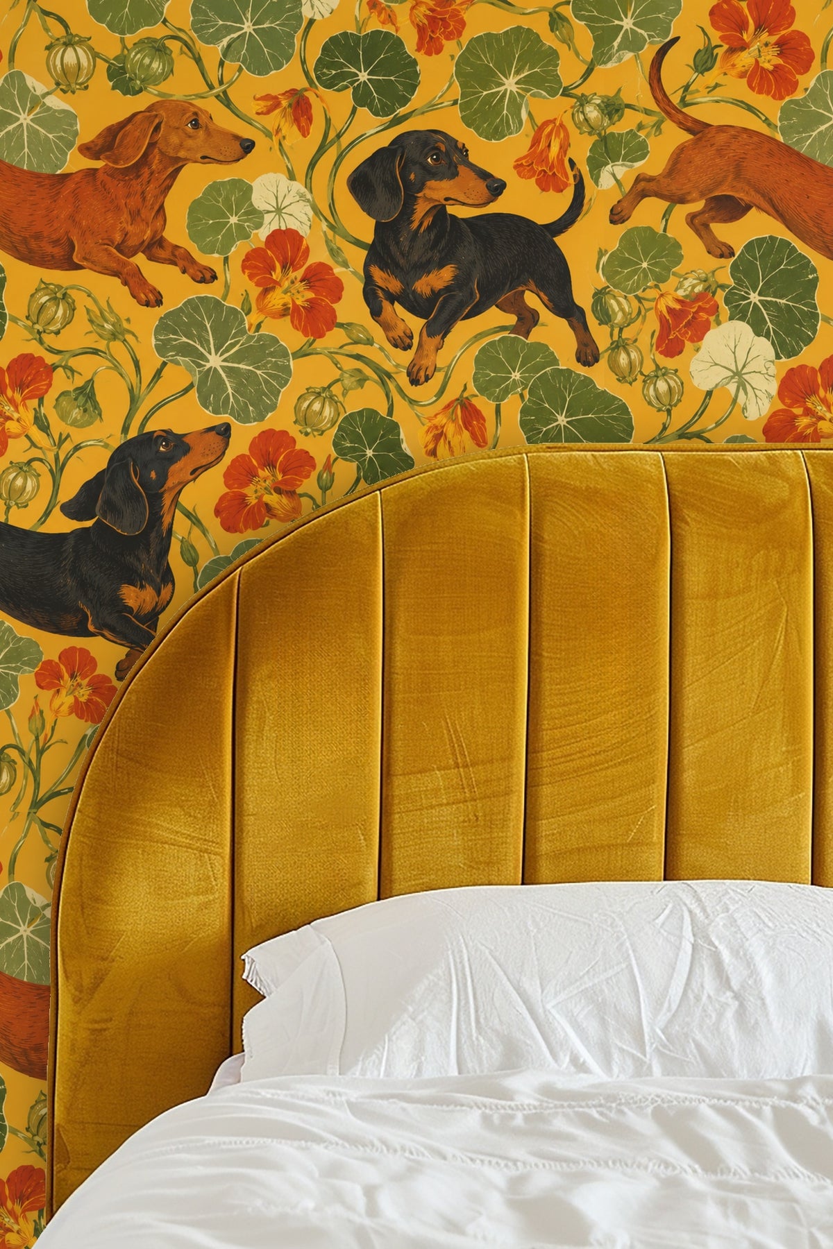 Wallpaper pattern showing black and rust-colored dachshunds with orange nasturtium flowers and green leaves on goldenrod background.